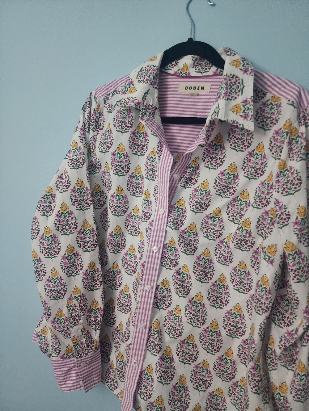 Boden White Floral Print Button-Down Shirt with Pink & Yellow Accents